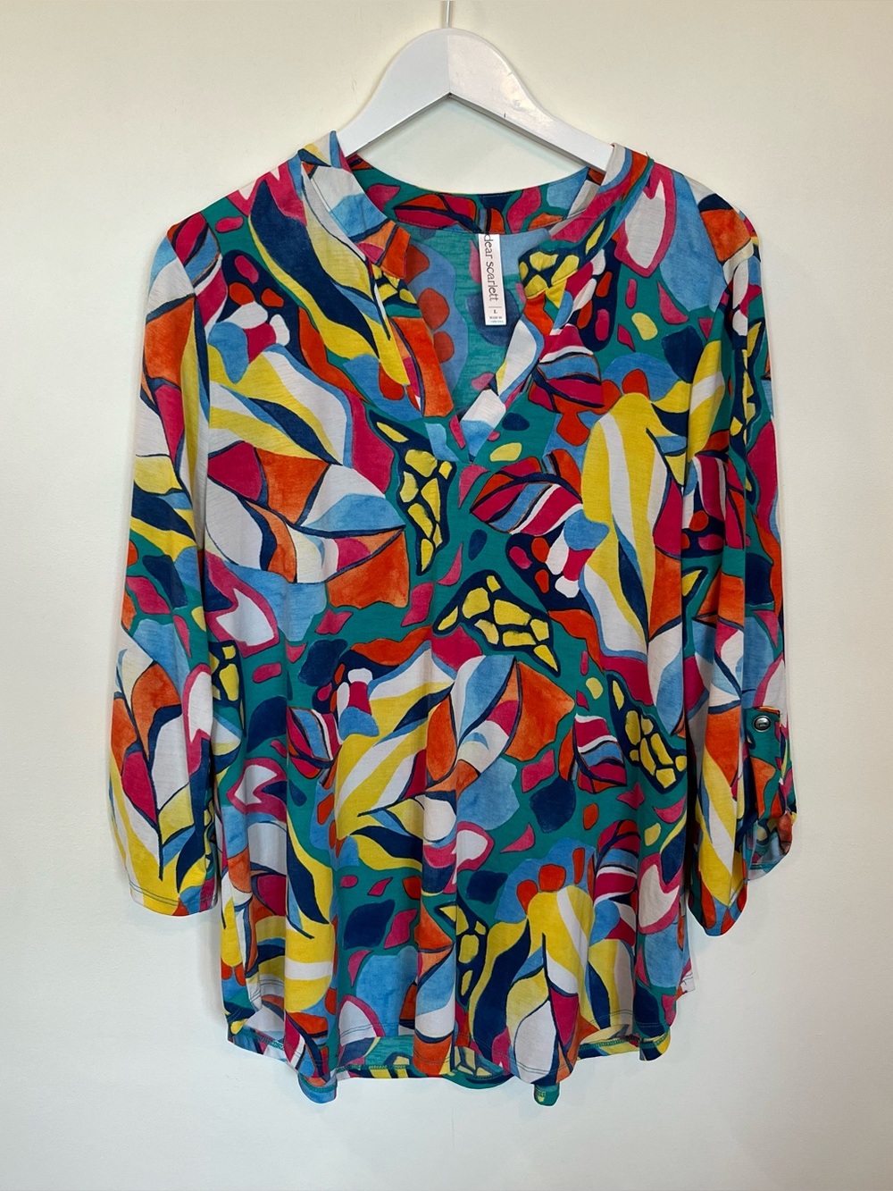 Dear Scarlett Lizzy Top 3/4 Sleeve Tropical V Neck Womens Large Relaxed Flowy - Picture 1 of 7